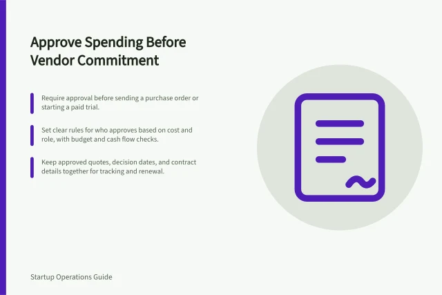Approve Spending Before Vendor Commitment: Require approval before sending a purchase order or starting a paid trial.; Set clear rules for who approves based on cost and role, with budget and cash flow checks.; Keep approved quotes, decision dates, and contract details together for tracking and renewal. Approving spending before a vendor commitment