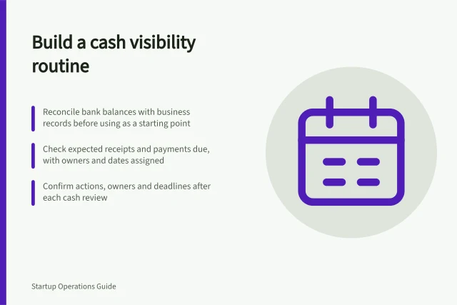 Build a cash visibility routine: Reconcile bank balances with business records before using as a starting point; Check expected receipts and payments due, with owners and dates assigned; Confirm actions, owners and deadlines after each cash review. Building a cash visibility routine