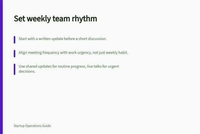 Set weekly team rhythm: Start with a written update before a short discussion.; Align meeting frequency with work urgency, not just weekly habit.; Use shared updates for routine progress, live talks for urgent decisions. Choosing a weekly operating rhythm
