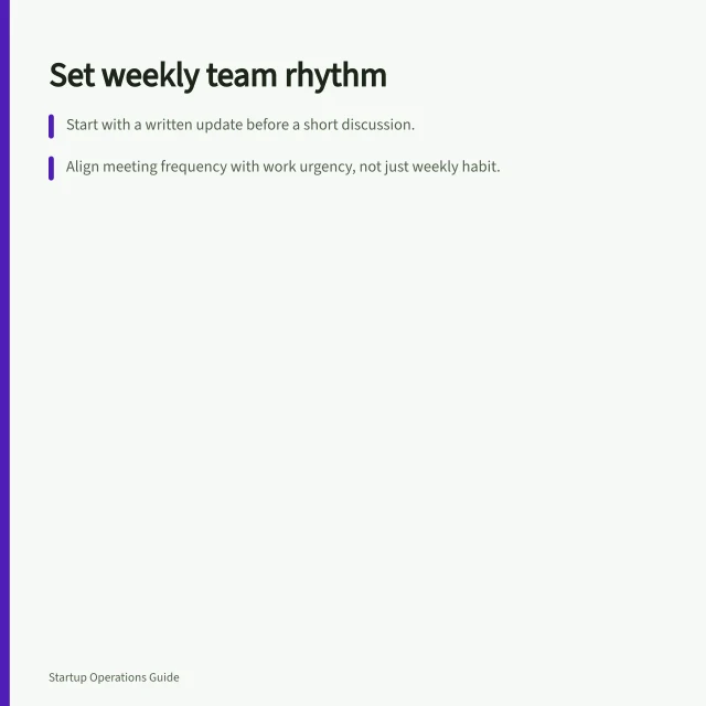 Set weekly team rhythm: Start with a written update before a short discussion.; Align meeting frequency with work urgency, not just weekly habit.; Use shared updates for routine progress, live talks for urgent decisions. Choosing a weekly operating rhythm
