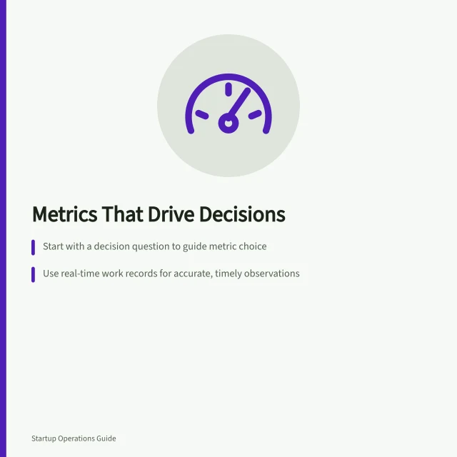 Metrics That Drive Decisions: Start with a decision question to guide metric choice; Use real-time work records for accurate, timely observations; Test measures with decision link, timing, source and blind spot checks. Choosing operating metrics tied to decisions