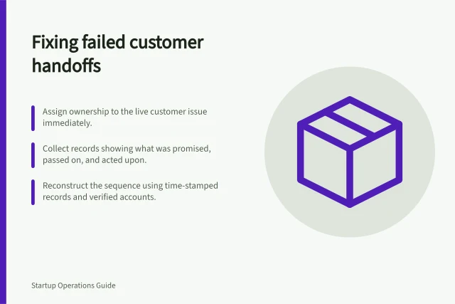 Fixing failed customer handoffs: Assign ownership to the live customer issue immediately.; Collect records showing what was promised, passed on, and acted upon.; Reconstruct the sequence using time-stamped records and verified accounts. Collecting evidence from failed customer handoffs
