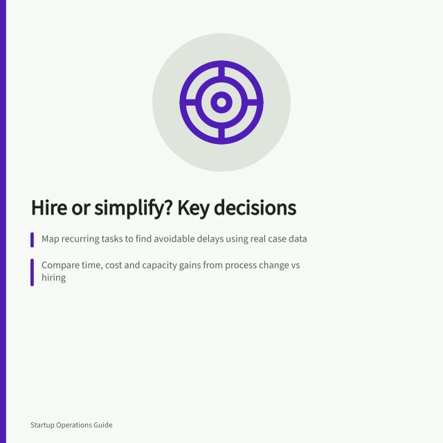 Hire or simplify? Key decisions: Map recurring tasks to find avoidable delays using real case data; Compare time, cost and capacity gains from process change vs hiring; Use business.gov.au’s workforce planning template to assess skill gaps. Comparing hiring with process simplification