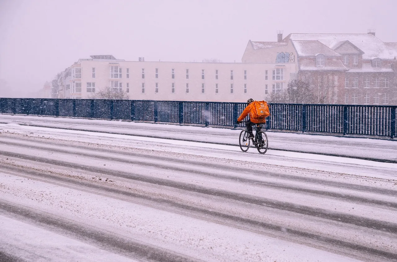 bicycle, man, snow, road, street, bicycle ride, bike, bicycle rider, snowy, snowing, snowfall, hoarfrost, winter, nature, cold, biking, courier driver, bicycle messenger, job, delivery service
