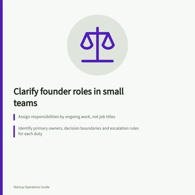 Clarify founder roles in small teams: Assign responsibilities by ongoing work, not job titles; Identify primary owners, decision boundaries and escalation rules for each duty; Review responsibility map when team changes or new commitments arise. Defining responsibilities in a small founding team