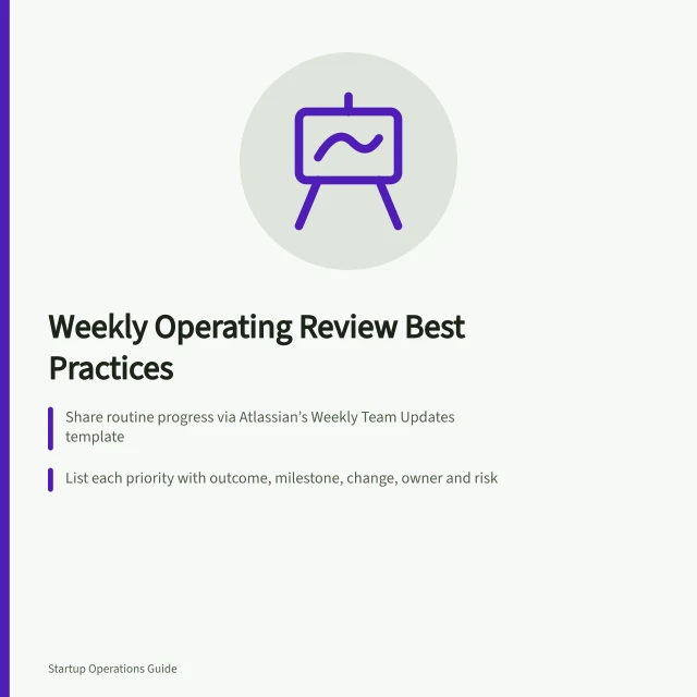 Weekly Operating Review Best Practices: Share routine progress via Atlassian’s Weekly Team Updates template; List each priority with outcome, milestone, change, owner and risk; Record decisions with choice, reason, owner and effective date. Designing a weekly operating review