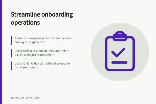 Streamline onboarding operations: Assign a hiring manager to oversee the new employee's experience; Check tech access and permissions before day one, not just request them; Use a 30-60-90 day plan with milestones for first three months. Employee onboarding operations