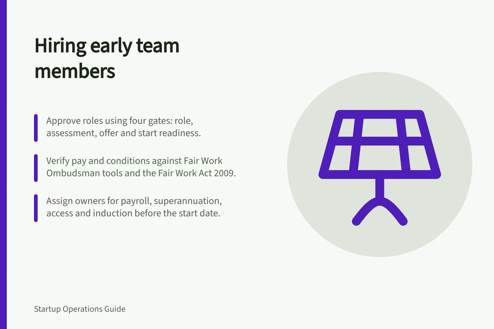 Hiring early team members: Approve roles using four gates: role, assessment, offer and start readiness.; Verify pay and conditions against Fair Work Ombudsman tools and the Fair Work Act 2009.; Assign owners for payroll, superannuation, access and induction before the start date.