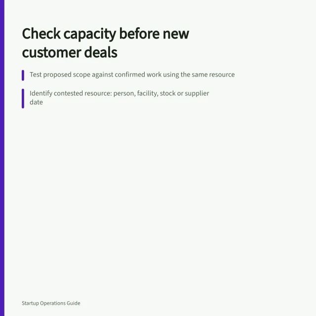 Check capacity before new customer deals: Test proposed scope against confirmed work using the same resource; Identify contested resource: person, facility, stock or supplier date; ACCC warns against accepting payment without supply intent. Identifying capacity limits before accepting more customers