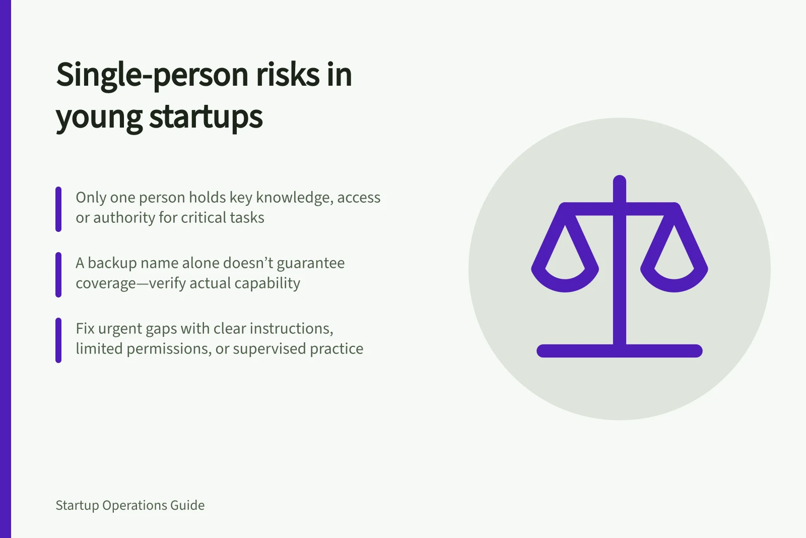 Single-person risks in young startups: Only one person holds key knowledge, access or authority for critical tasks; A backup name alone doesn’t guarantee coverage—verify actual capability; Fix urgent gaps with clear instructions, limited permissions, or supervised practice