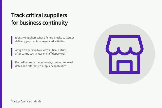 Track critical suppliers for business continuity: Identify suppliers whose failure blocks customer delivery, payments or regulated activities; Assign ownership to review critical entries after contract changes or staff departures; Record backup arrangements, contract renewal dates and alternative supplier capabilities. Keeping an inventory of business-critical suppliers