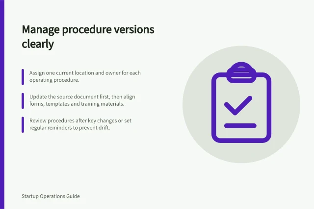 Manage procedure versions clearly: Assign one current location and owner for each operating procedure.; Update the source document first, then align forms, templates and training materials.; Review procedures after key changes or set regular reminders to prevent drift. Keeping one current version of an operating procedure