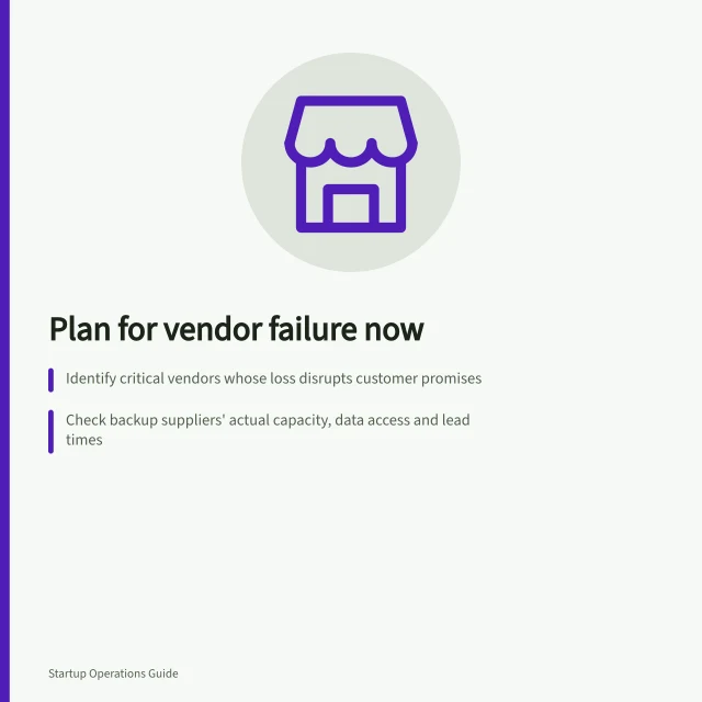 Plan for vendor failure now: Identify critical vendors whose loss disrupts customer promises; Check backup suppliers' actual capacity, data access and lead times; Assign roles: confirm status, assess commitments, decide on fallback. Planning continuity when a key vendor fails