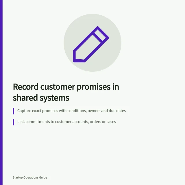 Record customer promises in shared systems: Capture exact promises with conditions, owners and due dates; Link commitments to customer accounts, orders or cases; Track decision trails and update records when terms change. Recording customer-facing commitments in shared systems