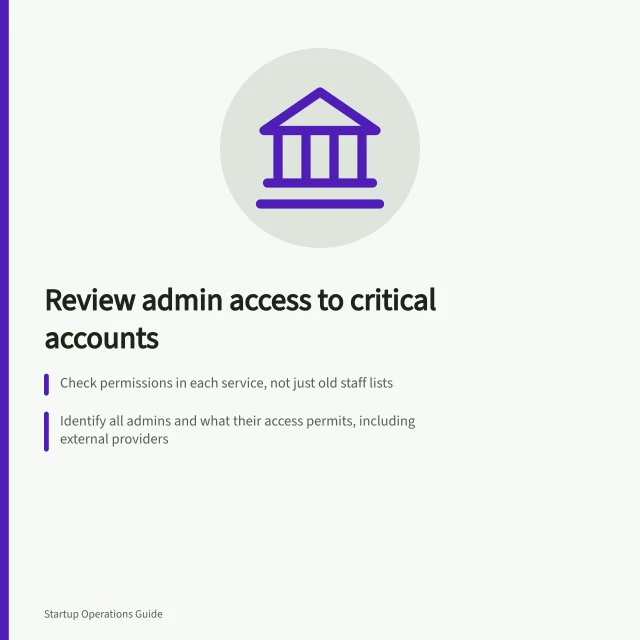 Review admin access to critical accounts: Check permissions in each service, not just old staff lists; Identify all admins and what their access permits, including external providers; Confirm recovery routes and limit access to recovery materials. Reviewing administrative access to critical accounts