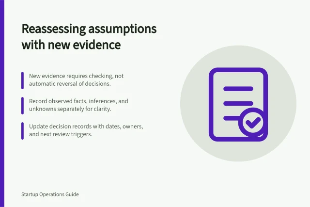 Reassessing assumptions with new evidence: New evidence requires checking, not automatic reversal of decisions.; Record observed facts, inferences, and unknowns separately for clarity.; Update decision records with dates, owners, and next review triggers. Reviewing an assumption after new evidence appears