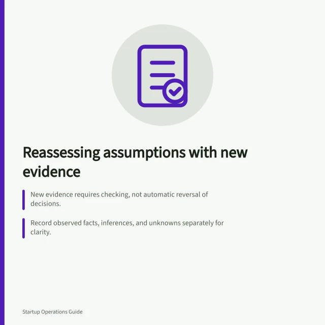 Reassessing assumptions with new evidence: New evidence requires checking, not automatic reversal of decisions.; Record observed facts, inferences, and unknowns separately for clarity.; Update decision records with dates, owners, and next review triggers. Reviewing an assumption after new evidence appears