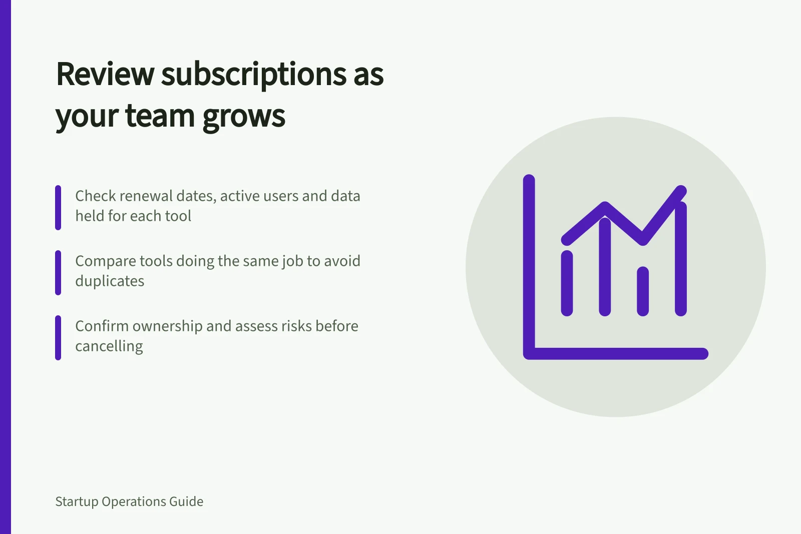 Review subscriptions as your team grows: Check renewal dates, active users and data held for each tool; Compare tools doing the same job to avoid duplicates; Confirm ownership and assess risks before cancelling