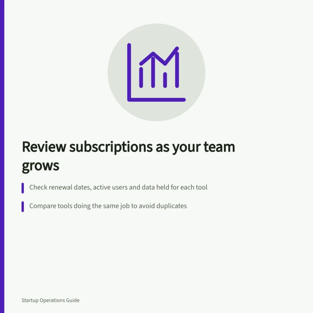Review subscriptions as your team grows: Check renewal dates, active users and data held for each tool; Compare tools doing the same job to avoid duplicates; Confirm ownership and assess risks before cancelling. Reviewing recurring subscriptions as the team grows