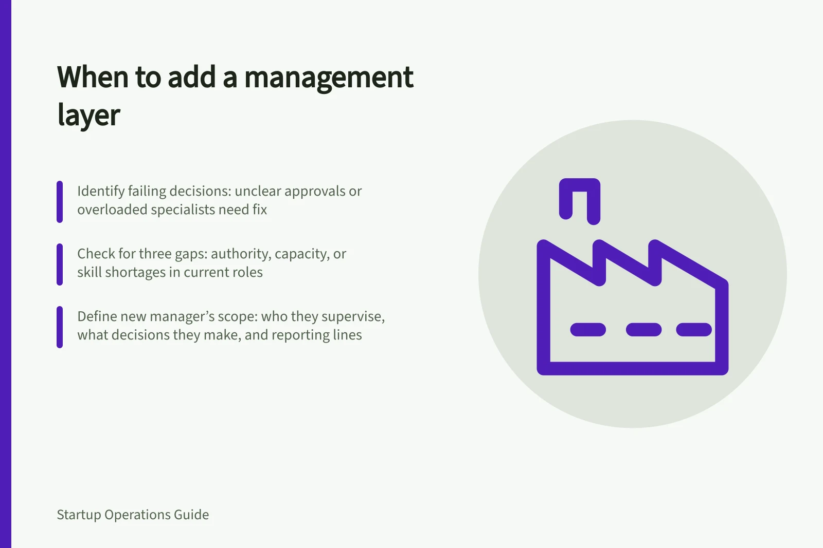 When to add a management layer: Identify failing decisions: unclear approvals or overloaded specialists need fix; Check for three gaps: authority, capacity, or skill shortages in current roles; Define new manager’s scope: who they supervise, what decisions they make, and reporting lines