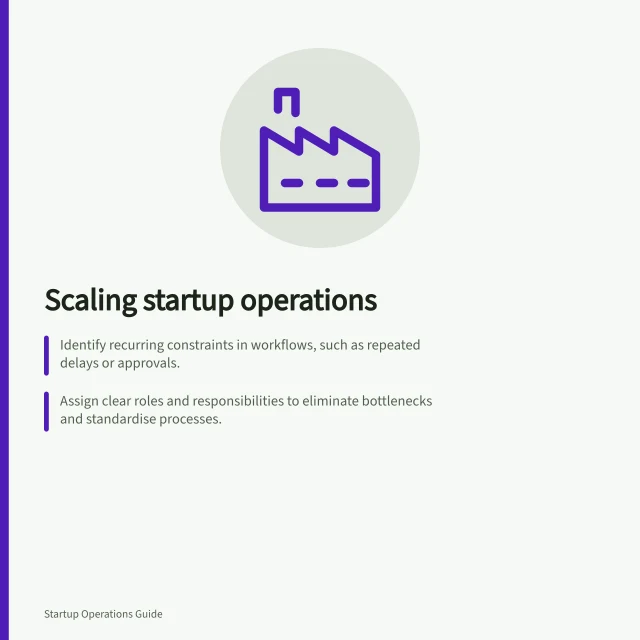 Scaling startup operations: Identify recurring constraints in workflows, such as repeated delays or approvals.; Assign clear roles and responsibilities to eliminate bottlenecks and standardise processes.; Ensure legal compliance with ASIC, ATO, and Australian Consumer Law as operations grow. Scaling startup operations