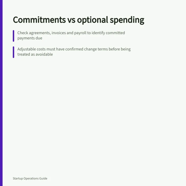 Commitments vs optional spending: Check agreements, invoices and payroll to identify committed payments due; Adjustable costs must have confirmed change terms before being treated as avoidable; Record possible savings separately until effective date and amount are confirmed. Separating committed expenses from optional spending
