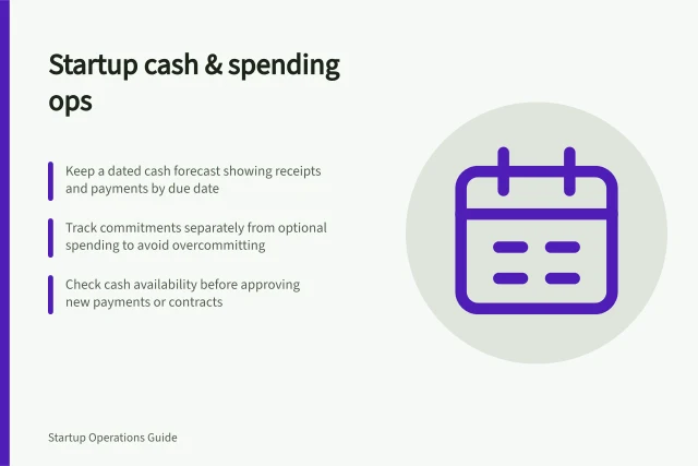 Startup cash & spending ops: Keep a dated cash forecast showing receipts and payments by due date; Track commitments separately from optional spending to avoid overcommitting; Check cash availability before approving new payments or contracts. Startup cash and spending operations