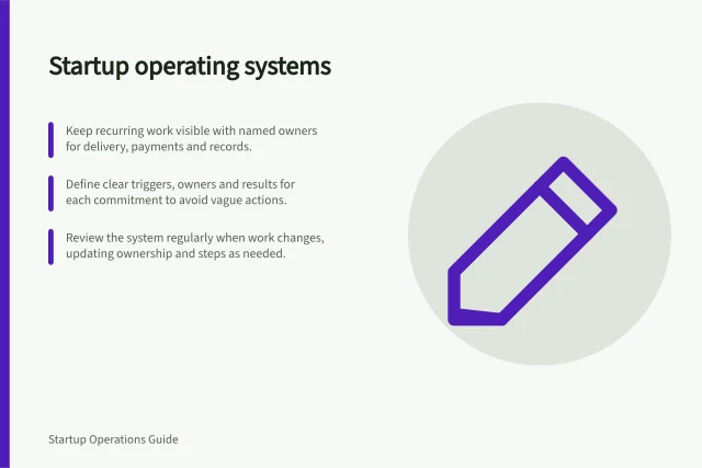 Startup operating systems: Keep recurring work visible with named owners for delivery, payments and records.; Define clear triggers, owners and results for each commitment to avoid vague actions.; Review the system regularly when work changes, updating ownership and steps as needed. Startup operating systems
