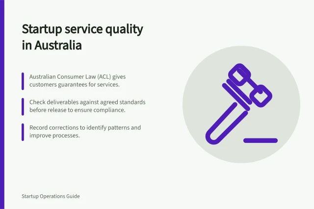 Startup service quality in Australia: Australian Consumer Law (ACL) gives customers guarantees for services.; Check deliverables against agreed standards before release to ensure compliance.; Record corrections to identify patterns and improve processes. Startup service quality