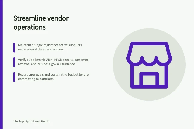 Streamline vendor operations: Maintain a single register of active suppliers with renewal dates and owners.; Verify suppliers via ABN, PPSR checks, customer reviews, and business.gov.au guidance.; Record approvals and costs in the budget before committing to contracts. Startup vendor operations