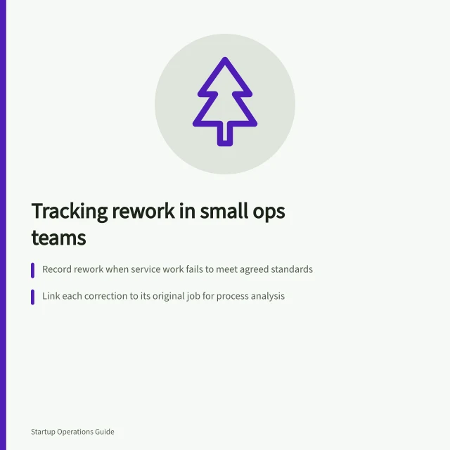 Tracking rework in small ops teams: Record rework when service work fails to meet agreed standards; Link each correction to its original job for process analysis; Use a consistent event log with fields like detection point and correction effort. Tracking rework in a small operations team
