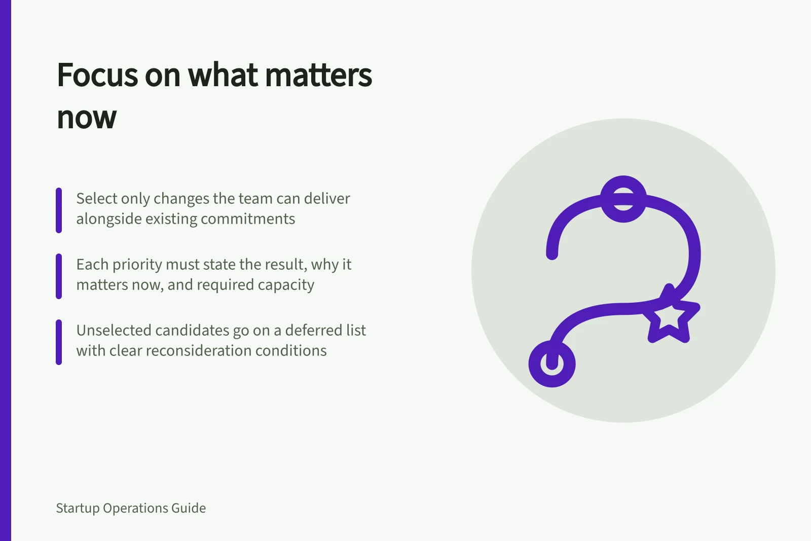 Focus on what matters now: Select only changes the team can deliver alongside existing commitments; Each priority must state the result, why it matters now, and required capacity; Unselected candidates go on a deferred list with clear reconsideration conditions