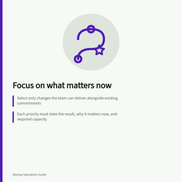 Focus on what matters now: Select only changes the team can deliver alongside existing commitments; Each priority must state the result, why it matters now, and required capacity; Unselected candidates go on a deferred list with clear reconsideration conditions. Turning a strategy into a small set of operating priorities